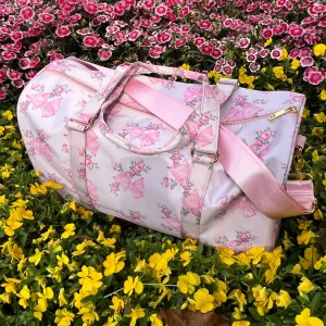 Pink Bow Flower Printing Waterproof Large Capacity Nylon Outdoor Gym Bag Luggage Cases Travel Bag Duffel Bag for Women