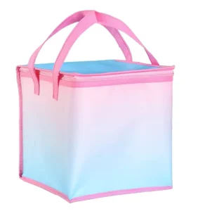 Pink Square Non Woven Tote Cooler Bags with Zipper Custom Logo Insulated Grocery Shopping Cooler for Cake and Ice