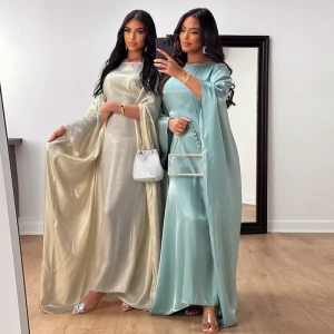 Plain Color Shiny Glitter Fabric Free Size Big Batwing Sleeve Islamic Girl Dubai UAE Kaftan Abaya