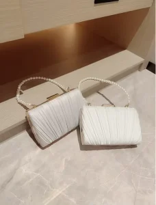 Pleated Box Evening Bag with Pearl Chain Handle Elegant Clutch & Handbag for Parties Weddings & Formal Events