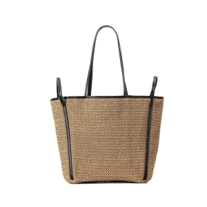 Polynesian Straw Fashion Beach Bag with French Basket Handles Open Closure Portable Polyester Lined
