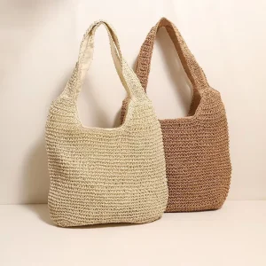 Popular Straw Woven Two-Handle Stripe Casual Tote Bag Fashionable Large Capacity Minimalist Womens Handmade