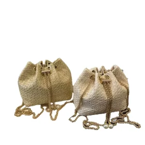 Popular Women Mini Straw Bucket Bag Drawstring Chain Summer Beach Handbags Ladies Travel Woven Shoulder Crossbody Bag