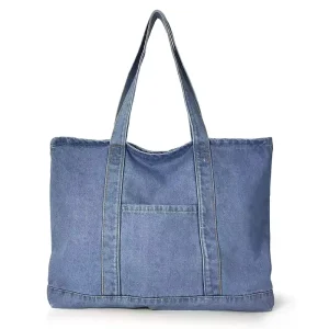Popular fashion men and women denim single shoulder canvas bags custom print logo college student tote bag with pocket