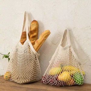 Portable Eco Friendly Grocery Mesh Organic Long Handle Net Shopping Handbag Cotton Tote Bag for Vegetables and Package
