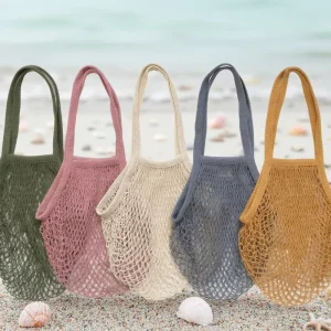 Portable Organic Cotton Mesh Recyclable Reusable Shopping Tote with Rainbow String and Short Handle for Beach Market