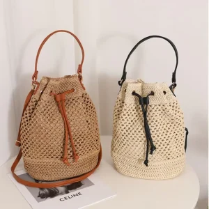 Portable Straw Bags Single Shoulder Crossbody Bucket Bags Large Capacity Knitted Travel Drawstring Pouch Woven Women’s Handbags