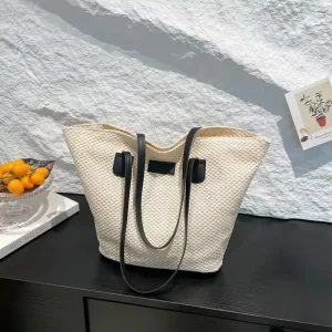 Portable Women’s Beach Straw Bag Leisure Commuter Ladies Travel Shoulder Bag Solid Color Simple Large Capacity Handbag