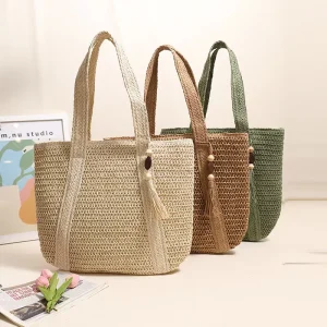 Portable Women’s Eco Friendly Soft Paper Straw Handbag Two Handles Large Capacity Beach Style Straw Tote Bag Fashionable Handbag