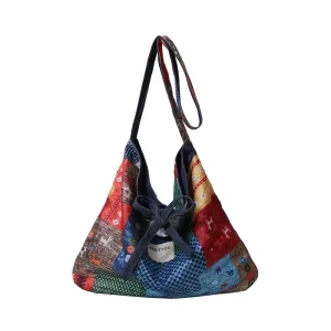 Premium Fashion Geometric Reversible Denim Cotton Slouchy Large Capacity Zipper Closure Hobo Bag