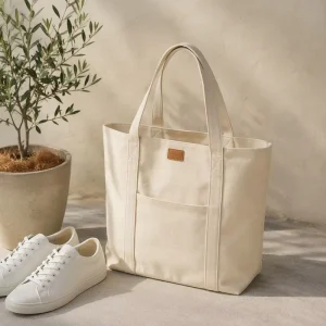 Premium Vintage Plain Canvas Tote Bag Tan Leather Patch Zipper Closure High end Heavy Duty Reusable Aesthetic