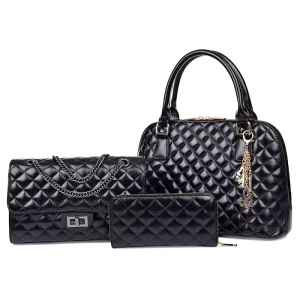 Preppy Style New Fashion 3 in 1 Women’s Shoulder Bag Handbags & Crossbody Purses with Chain Tassel Decor Zipper Closure Portable