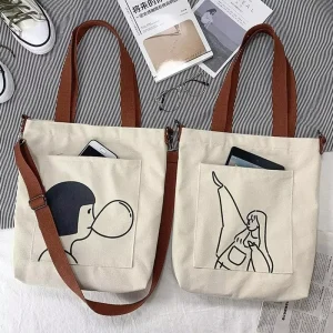 Print Logo Calico Cotton Simple Student Shoulder Sling Messenger Bag Women Canvas Crossbody Tote Bag