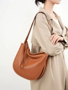 Products Ladies Handbag Women Large Color Contrast Women Real Leather Crossbody Purse Half Moon Bag