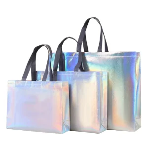 Promotional Fashion Recycled Glitter Holographic Laser Iridescent Silver Gift Shopping Bag Tote Non woven Bag