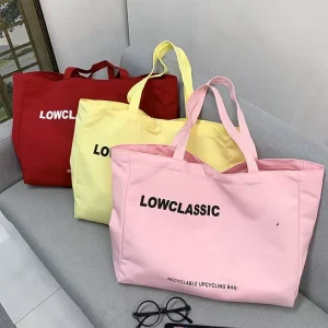 Promotional Large Designer Cute Custom Printed Logo Washable Durable Pink Red Yellow Tote Cotton Shopping Canvas Bag