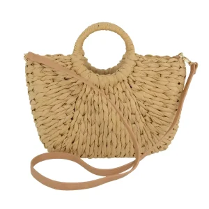 Pu Leather Strap Paper Straw Handbag Straw Tote Bag 100% Handmade Straw Bag for Summer