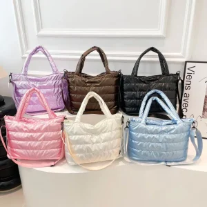Puffer Tote Bag for Women Large Quilted Puffy Handbag Lightweight Satchel Purse for Work Travel Gym Shop