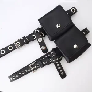 Punk Chain with Bag Belt Fashion Decoration Belt with Pouch Korean Version Full Hole Pin Buckle Black Belt for Gifts