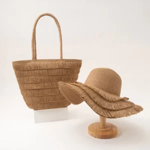 Latest Design Bohemian Style Women’s Tassels Straw Hats Woven Beach Bag Set Zipper Closure Ladies Summer Straw Tote Bags