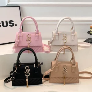Quilted PU Leather Top Handle Bag for Women Small Square Crossbody Purse with Tassel & Metal Logo Trendy Commute Handbag
