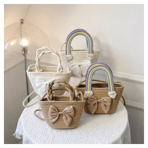 Rainbow Woven Straw Bucket Bag