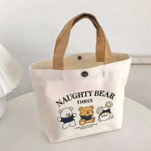 Recyclable Cotton Bags Versatile Canvas Lunch Bag with Snap Button Printed Bear Design for Students and Office Workers