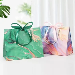 Recyclable Custom Logo Printed Luxury Shopping Carry Bags Packaging Favor Wedding Goodies Thank You Gift Paper Bag With Bow