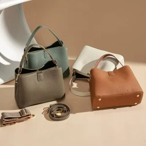 Retro Autumn Geometric Bucket Bag Women’s Fashionable Handbag Large Capacity Waterproof Single Shoulder Crossbody Soft Leather