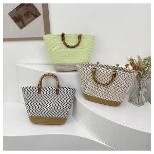 Retro Bamboo Handle Beach Handbag Casual Women’s Shoulder Bag Weaving Versatile Women’s Bucket Bags
