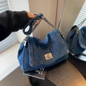Retro Casual Commuting Jean Denim Tote Crossbody Bag Large Womens Shoulder Bag with Chains Solid Blue