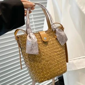 Retro Handmade Rattan Straw Bucket Bags Outdoor Travel Beach Bags Vacation Bag Bamboo Woven Handbag With Leather Handle