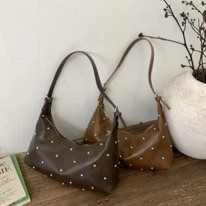 Retro Rivet Decor PU Leather Underarm Bag Female Fashion Crescent Bag for Shopping