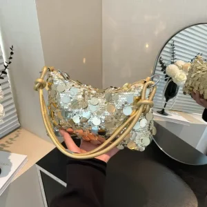 Retro Sequined Design Women’s Shoulder Bags Solid Color Cool Girls Phone Underarm Bag Simple Portable Ladies Handbags Purse