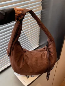 Retro Solid Hobos Shoulder Bags Women Zipper Drawstring Pocket Oxford Dumpling Bag Large Capacity Portable Travel Polyester