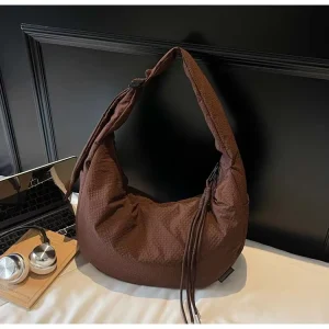 Retro Solid Hobos Shoulder Bags Women Zipper Drawstring Pocket Oxford Dumpling Bag Large Capacity Portable Travel Polyester