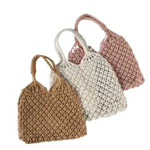 Retro Straw Style Green Straw Bags Bucket Tote Bag Soft Beach Weaving Handbag for Shopping Tourism