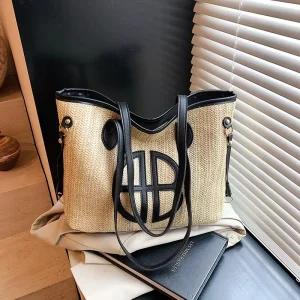 Retro Style Women Zipper Closure Portable Handbags with Polyester Lining for Summer PU Straw Fashion Travel Tote Bags