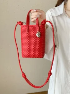Retro Woven PU Mini Bucket Bag Red Phone Bag Magnetic Closure Crossbody Top Handle Purse Fashion Shoulderbag for Women