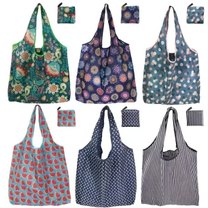 Reusable Cartoon Pattern Folding Tote Bag Custom Portable Grocery Bag