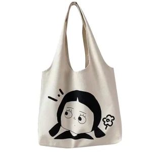 Reusable Custom Printed Cotton Shopping Tote Bag Cartoon Woman Canvas Grocery Bag With Logo