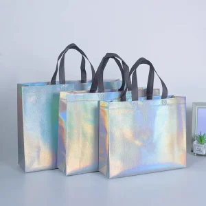 Reusable Recyclable Laser Nonwoven Tote Bag Metallic Shiny Finish Reflective Waterproof Eco Friendly Supermarket