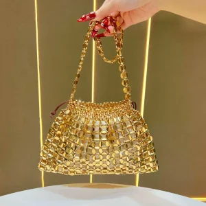 Rhinestone Mesh Detachable Chain Drawstring Closure Weddings Parties Luxury Minimalist Formal Women’s Evening Bag
