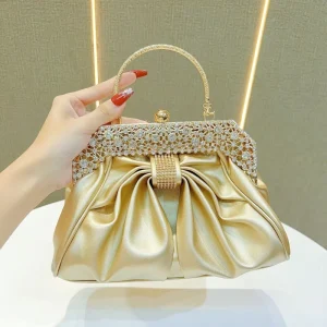 Rhinestones Evening Bag Gold Sparkly Crystal Handbag with Detachable Chain Luxury Women’s Clutch Bag