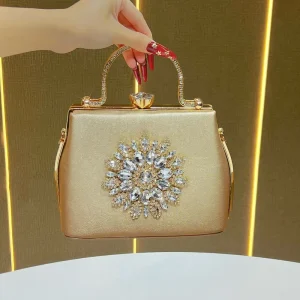 Rhinestones Evening Bag Gold Sparkly Crystal Handbag with Detachable Chain Luxury Women’s Clutch Bag