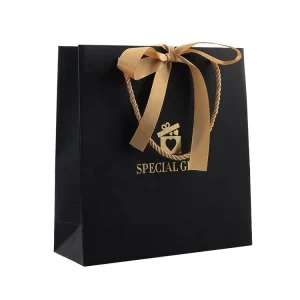 Ribbon Handle Black Luxury Jewelry Cosmetic Gift Clothing Shopping Packaging Paper Bag for Clothes