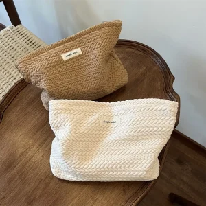 Rice Grain Braided Cloth Handbag Makeup Bag Artistic High Sense Clutch Bag Zipper Square Toiletry Bag