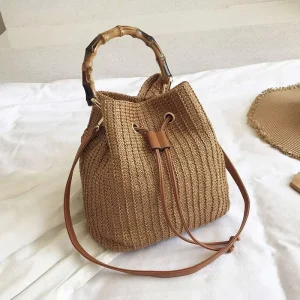 Round Handle Bucket Straw Beach Summer Bag Crossbody Tote for Women