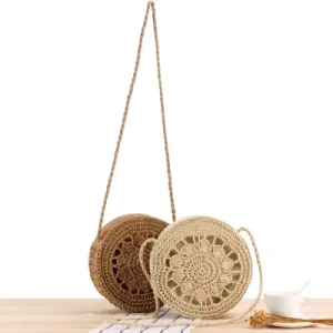 Round Hollow Out Rattan Bag Women’s Beach Tote Beach Straw Bag Bali Style