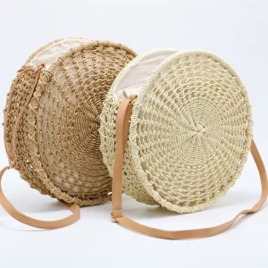 Round Straw Hand Woven Bag Beach Hollow Out Natural Straw Leather Shoulder Bag Summer Straw Rattan Bag